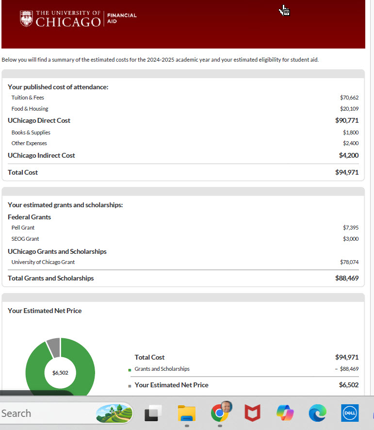 University of Chicago financial aid award notice
