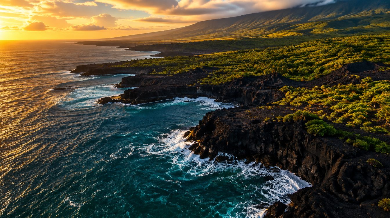 Black lava coastline meeting teal water at golden hour