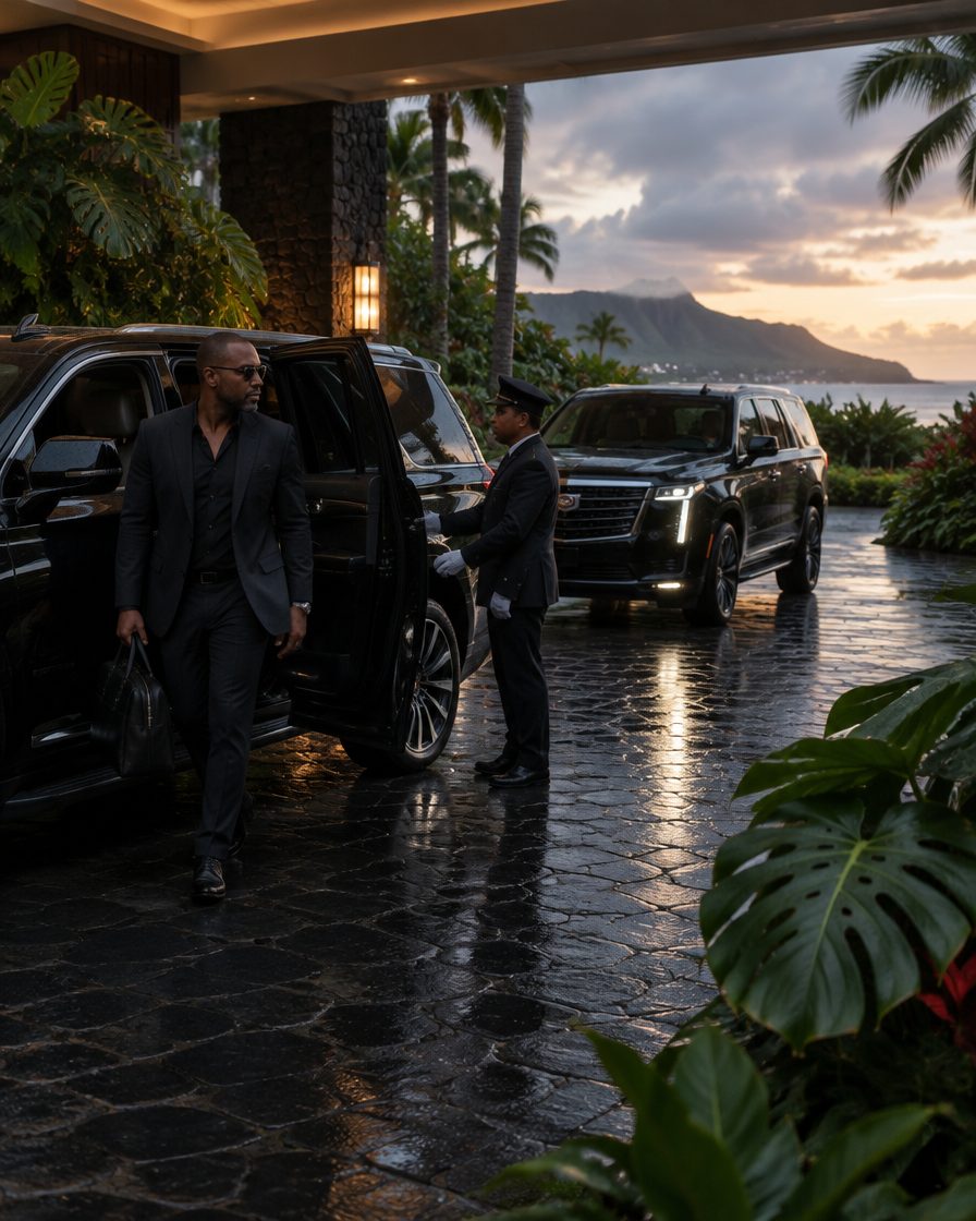 Executive coach and SUVs at a resort porte-cochère at dawn