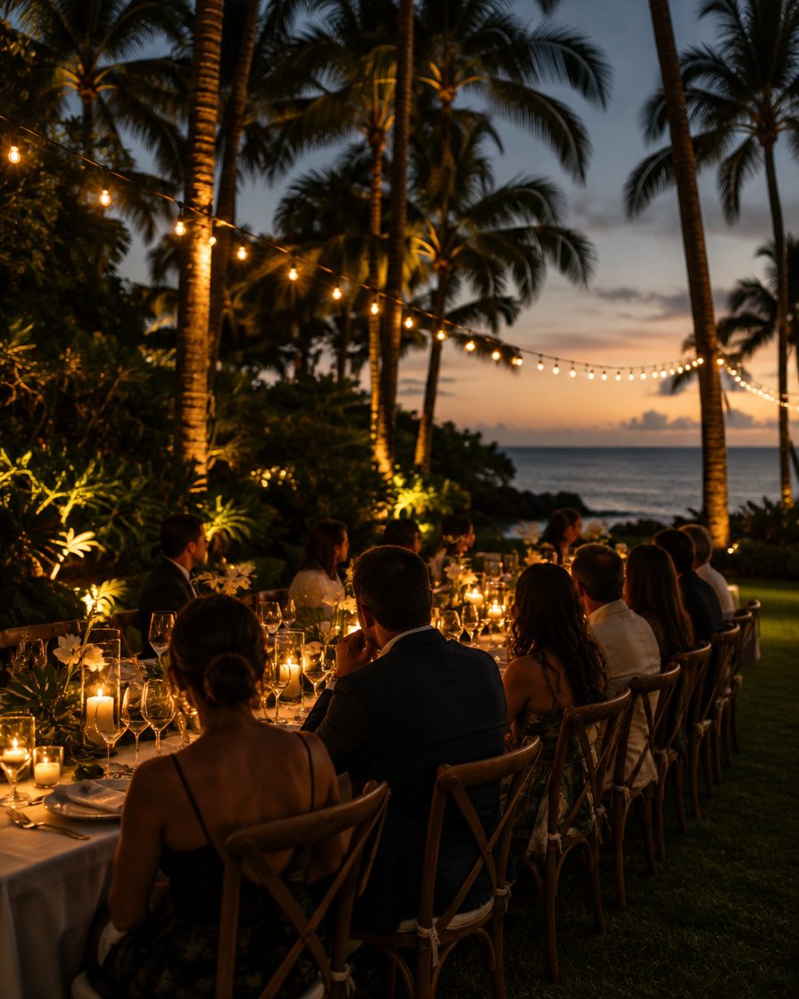 Long-table dinner under palms at dusk