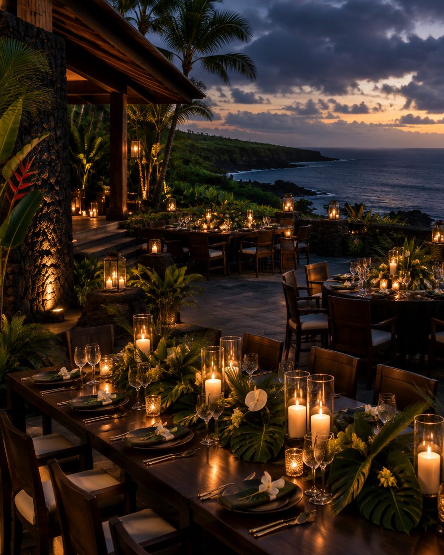 Candle-lit private estate above the ocean at twilight