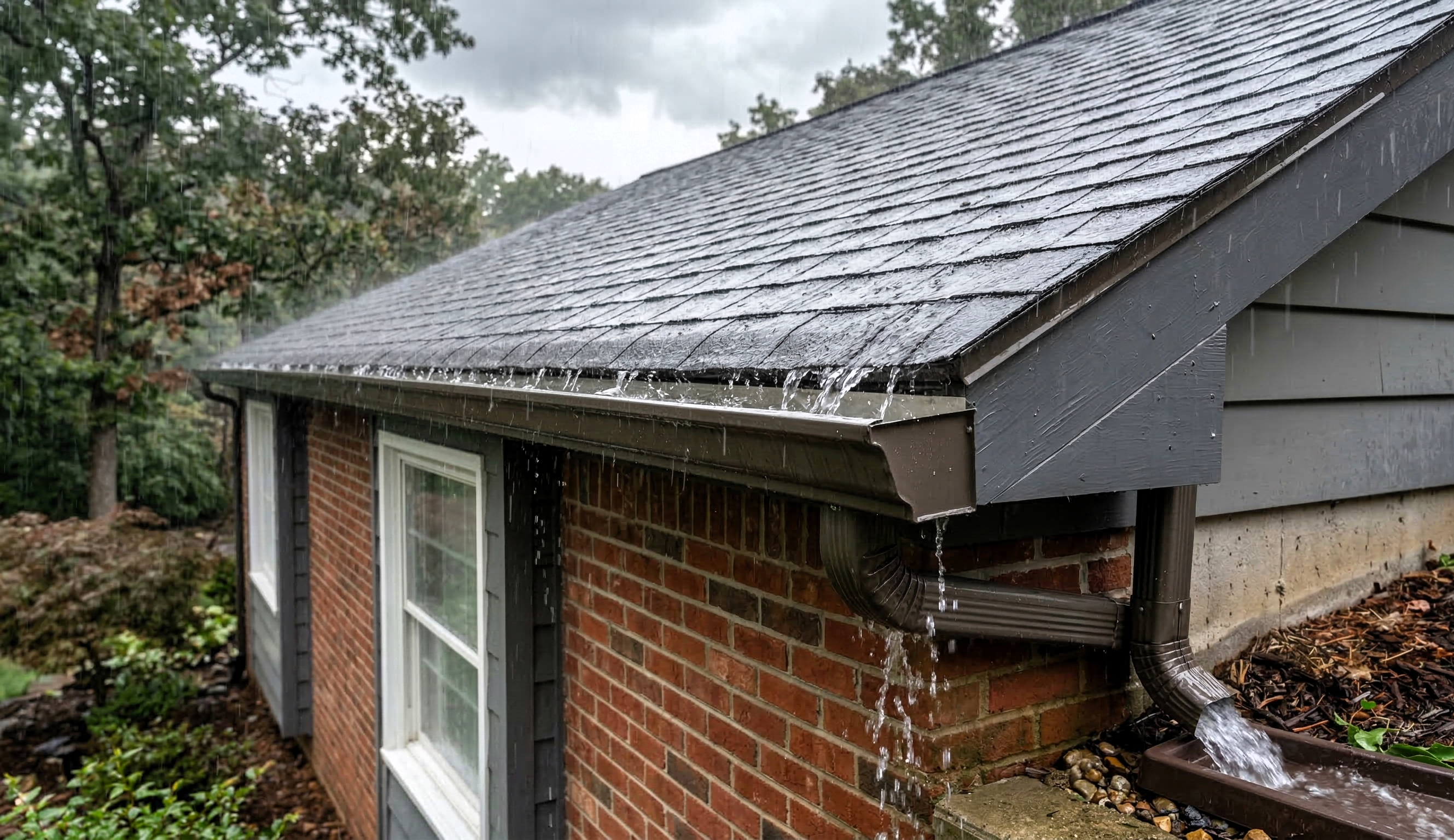 Proper roof gutter drainage system protecting Maryland home during heavy rain Proper roof gutter drainage system protecting Maryland home during heavy rain