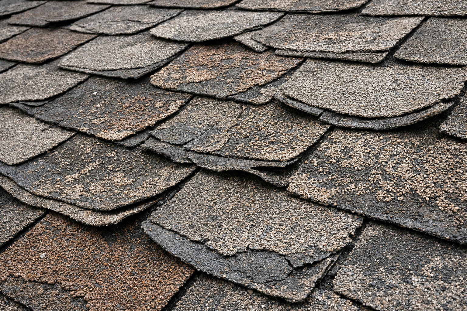 Aging roof shingles showing signs of wear including curling and granule loss Aging roof shingles showing signs of wear including curling and granule loss