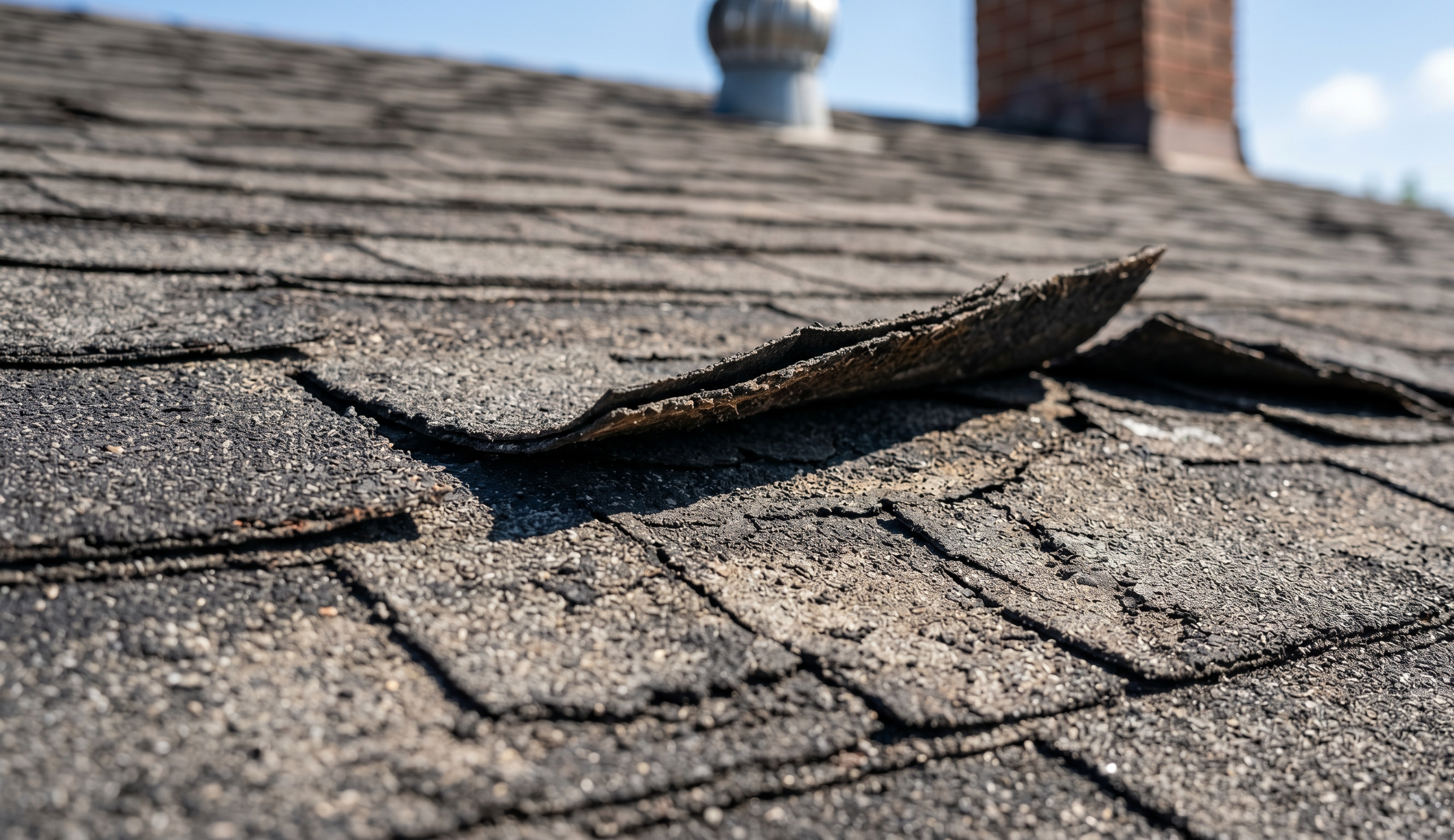 Cracked and damaged asphalt shingle caused by thermal expansion and heat wear Cracked and damaged asphalt shingle caused by thermal expansion and heat wear