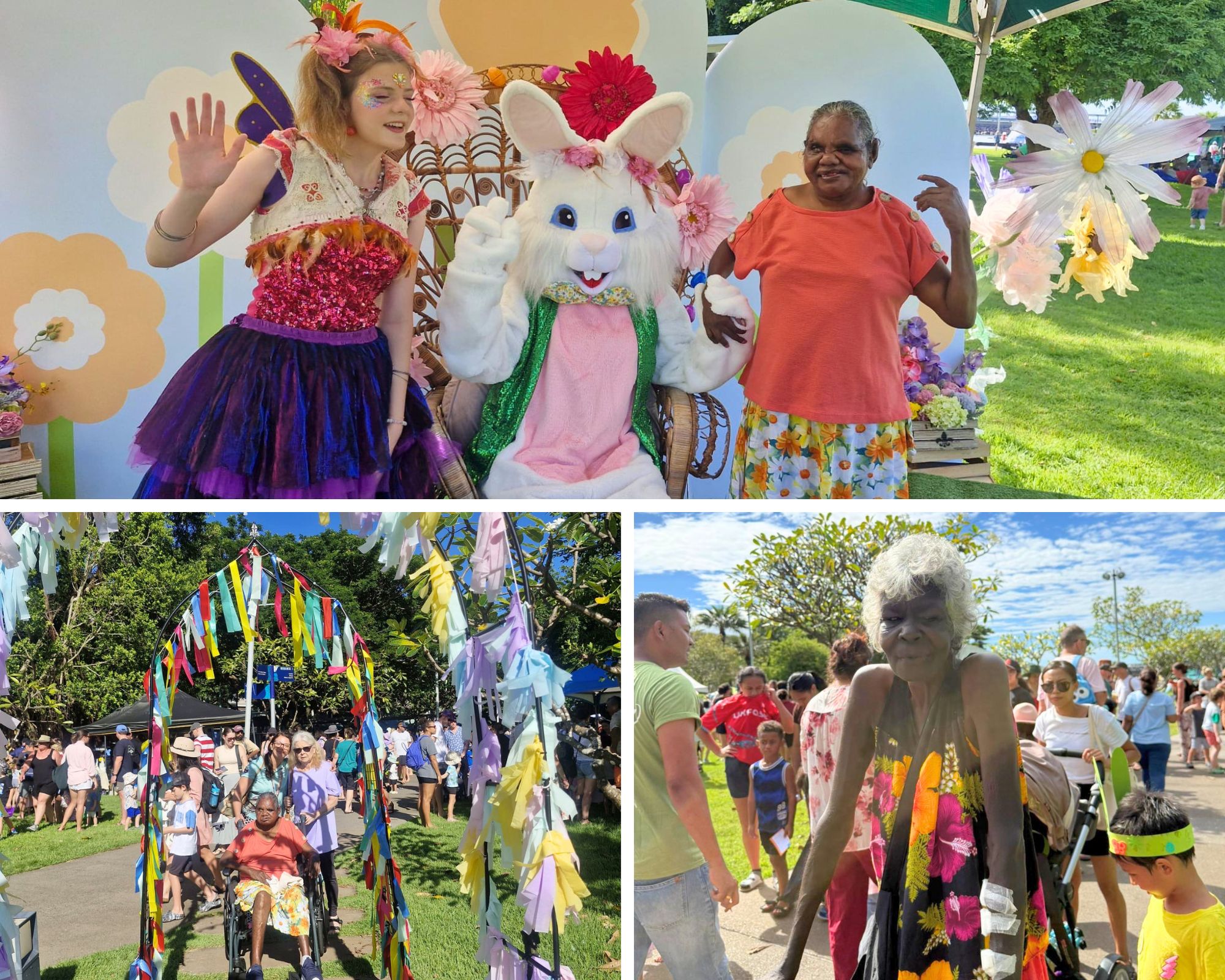 ACRS Community Services participants enjoying the Darwin Easter festival, with face painting, the Easter Bunny, and community activities at a local park