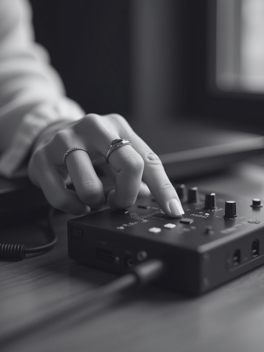 Woman's hand on a podcast soundboard