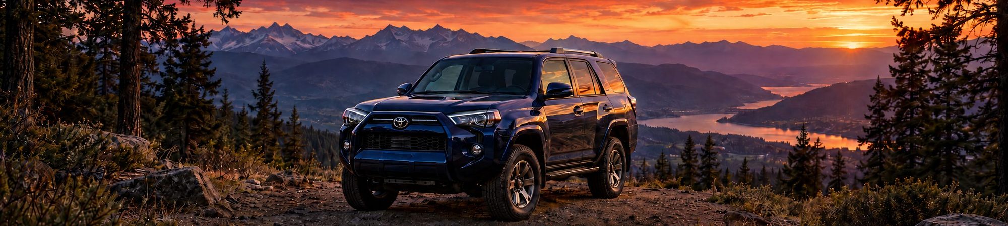 A dark 4Runner on a mountain overlook above a lake at sunset