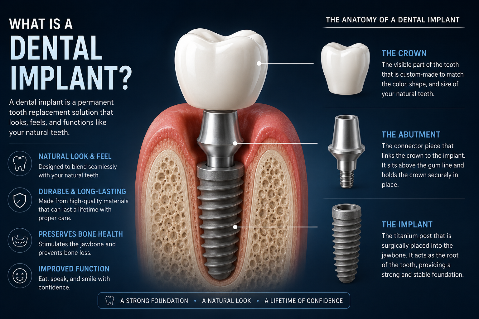 Diagram of a dental implant showing the titanium post, abutment, and crown