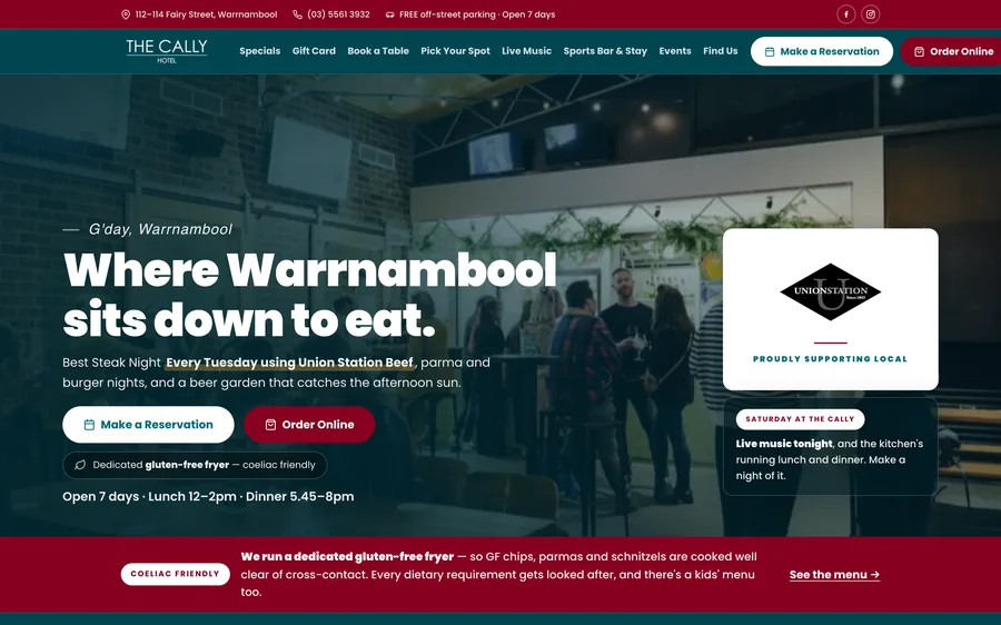 bookings.callyhotel.com.au: &lsquo;Where Warrnambool sits down to eat&rsquo; with Make a Reservation and Order Online above the fold
