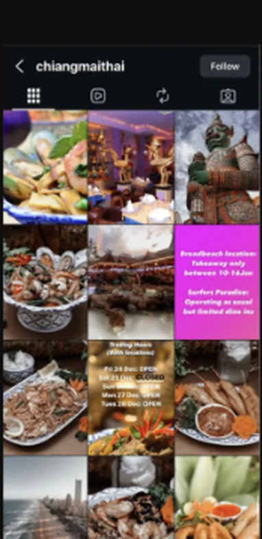 Chiangmai Thai&rsquo;s Instagram grid before: mixed snaps and plain trading-hours notices