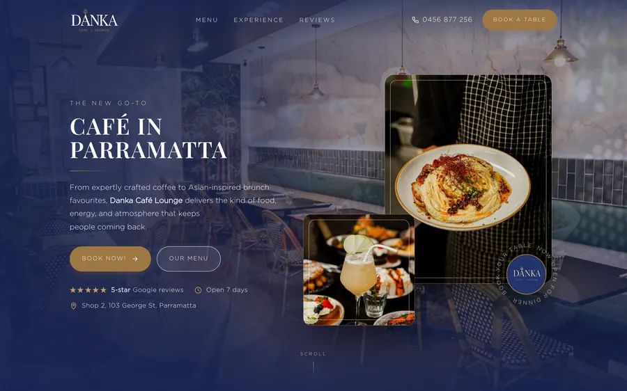 dankacafe.com.au: &lsquo;The new go-to caf&eacute; in Parramatta&rsquo; over the dining room, with Book a table in the header and Book now above the fold