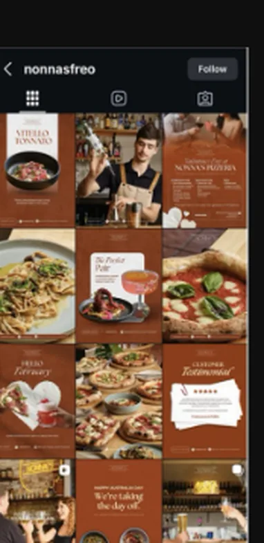 Nonna&rsquo;s Instagram grid after: a designed set of dish features and offers in one palette
