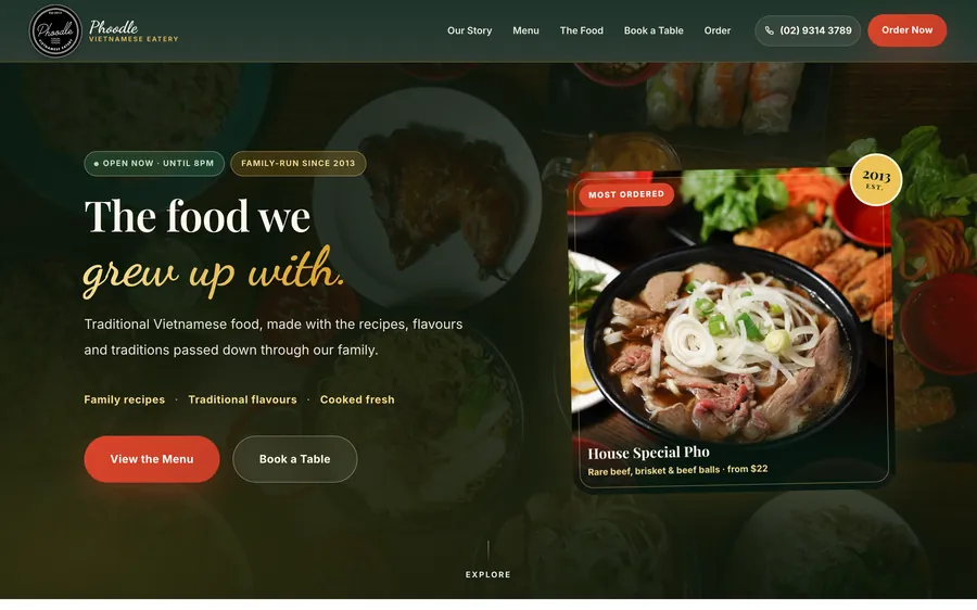 bookings.phoodleeatery.com: &lsquo;The food we grew up with.&rsquo; with View the menu and Book a table above the fold and Order now in the header