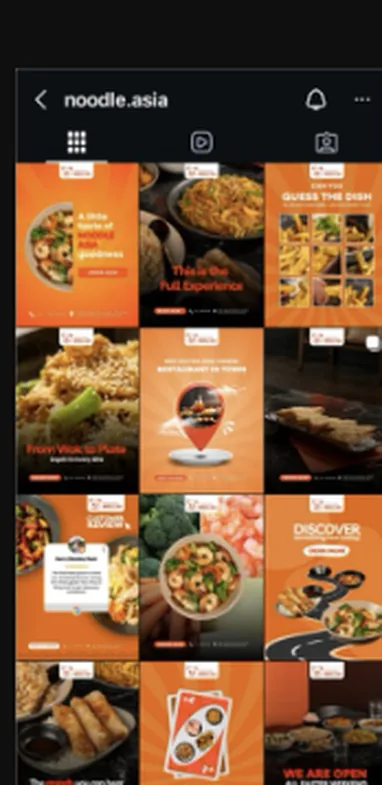 Noodle Asia&rsquo;s Instagram grid after: a designed orange-branded set of dish features and order prompts