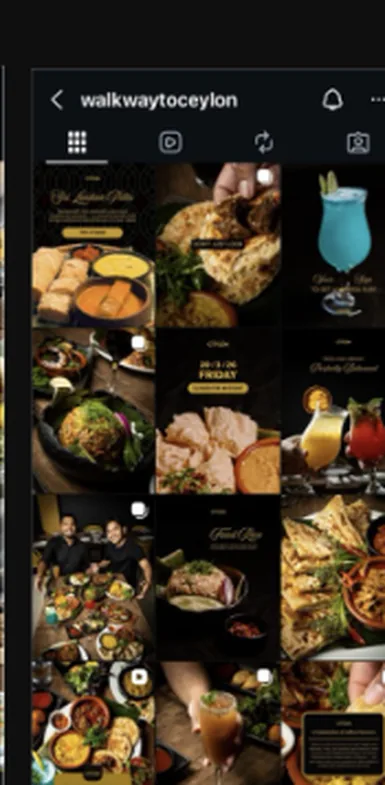 Walkway to Ceylon&rsquo;s Instagram grid after: a designed dark-and-gold set of platters, drinks and event posts
