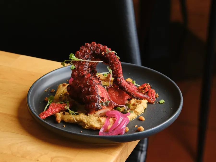 A chargrilled octopus tentacle on a dark plate at the edge of a timber bench