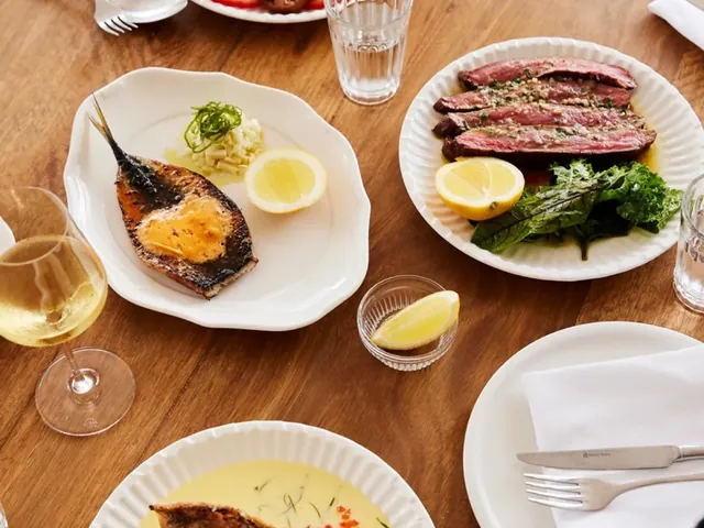 Real Served food photography: overhead spread of plates and drinks