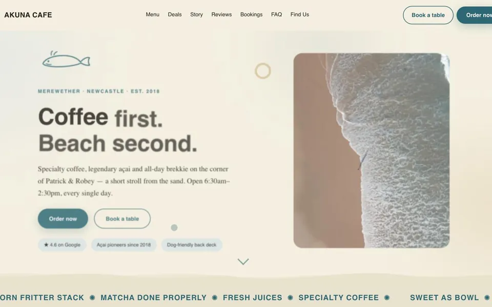 Booking website built for Akuna Cafe, Merewether