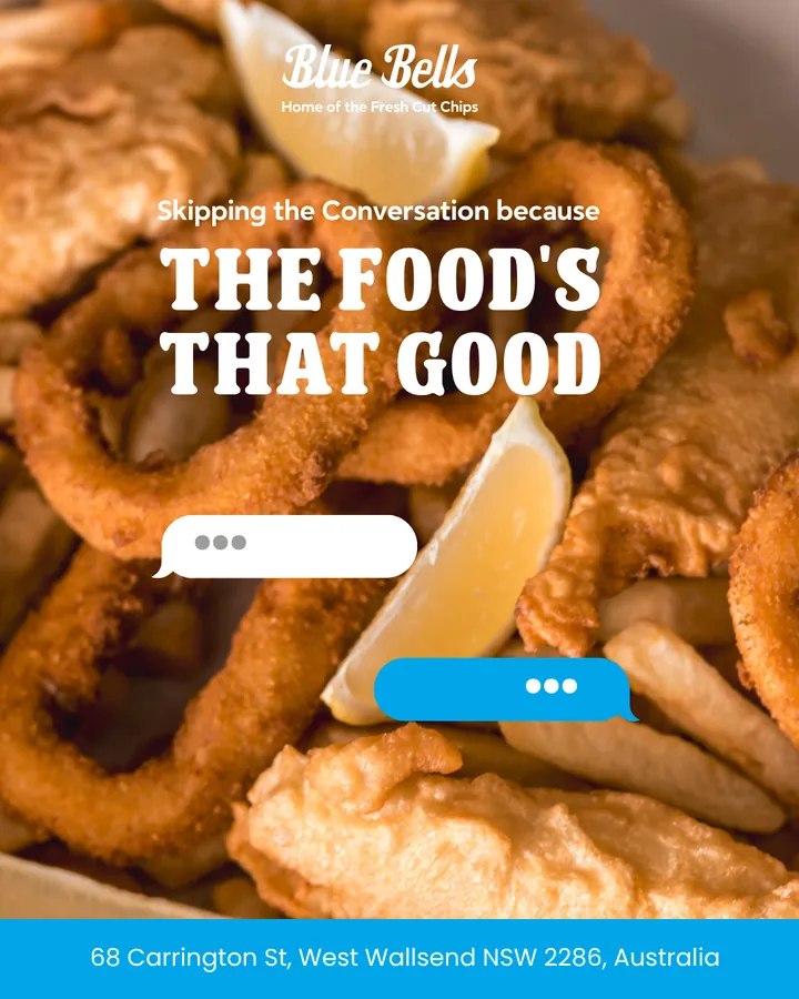 Blue Bells tile: a burger with a text-message overlay &mdash; &lsquo;skipping the conversation because the food&rsquo;s that good&rsquo;