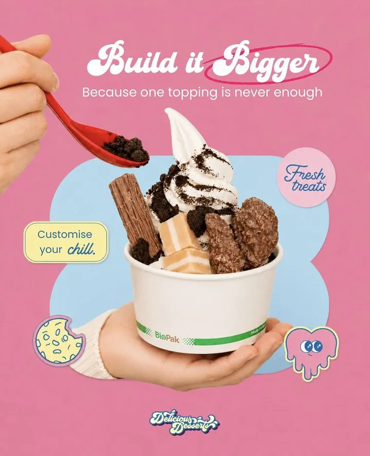Dessert tile: a loaded froyo cup under &lsquo;Build it bigger&rsquo;, with the topping add-ons called out