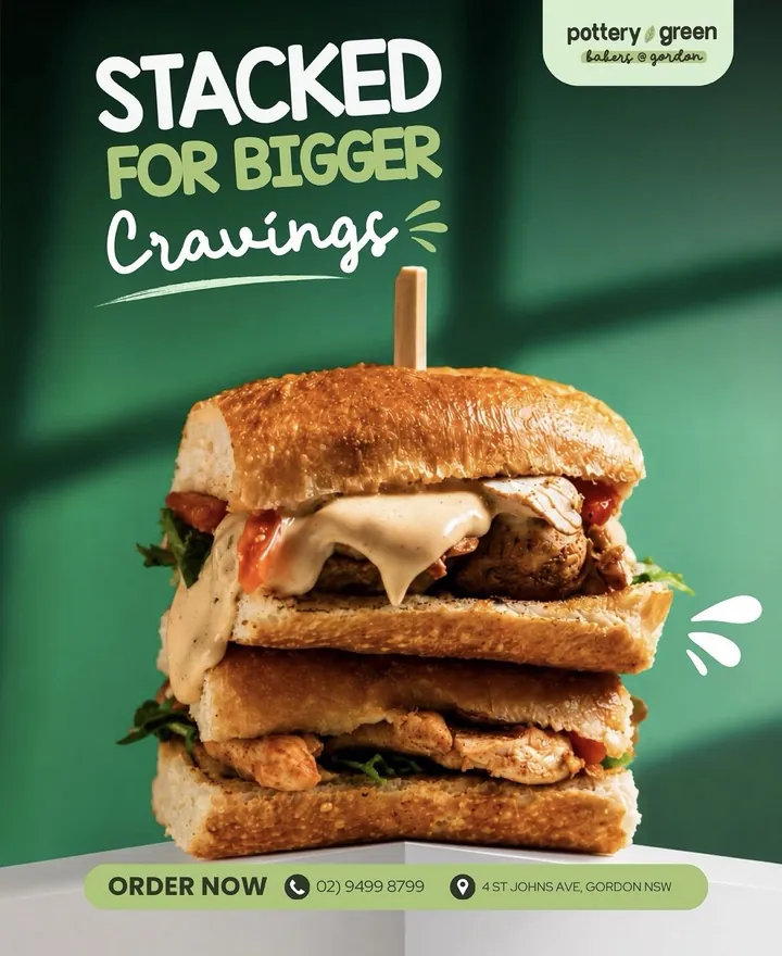 Pottery Green promo tile: a stacked burger under the headline &lsquo;Stacked for bigger cravings&rsquo;