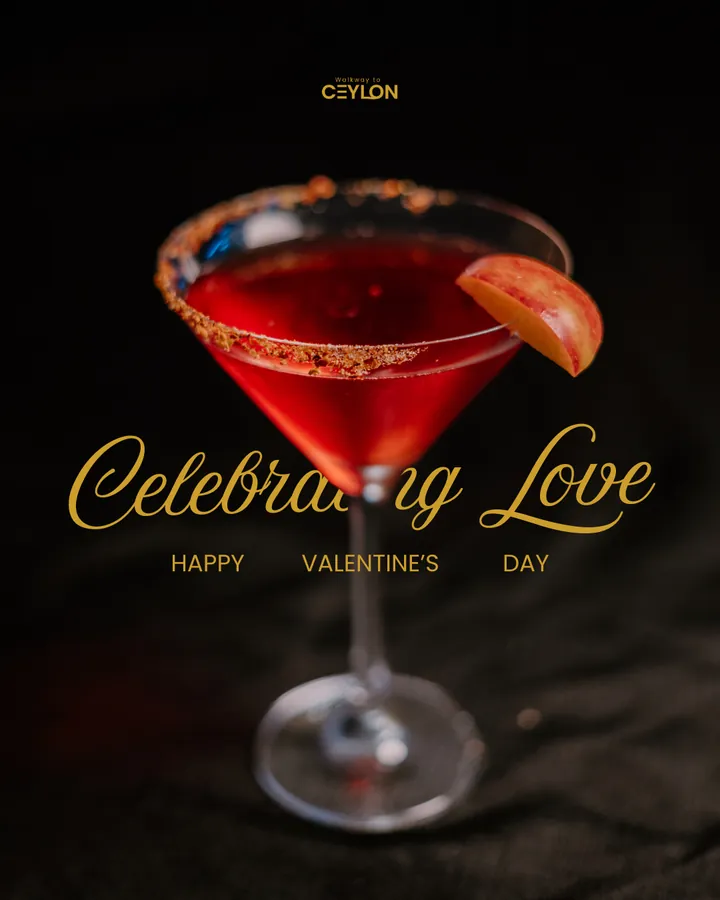 Walkway to Ceylon Valentine&rsquo;s Day tile: a red cocktail in a spice-rimmed martini glass under &lsquo;Celebrating Love&rsquo;