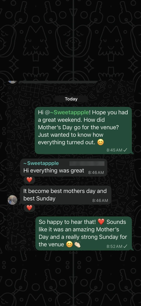 Owner message on a phone screen: Everything was great &middot; It become best mothers day and best Sunday.