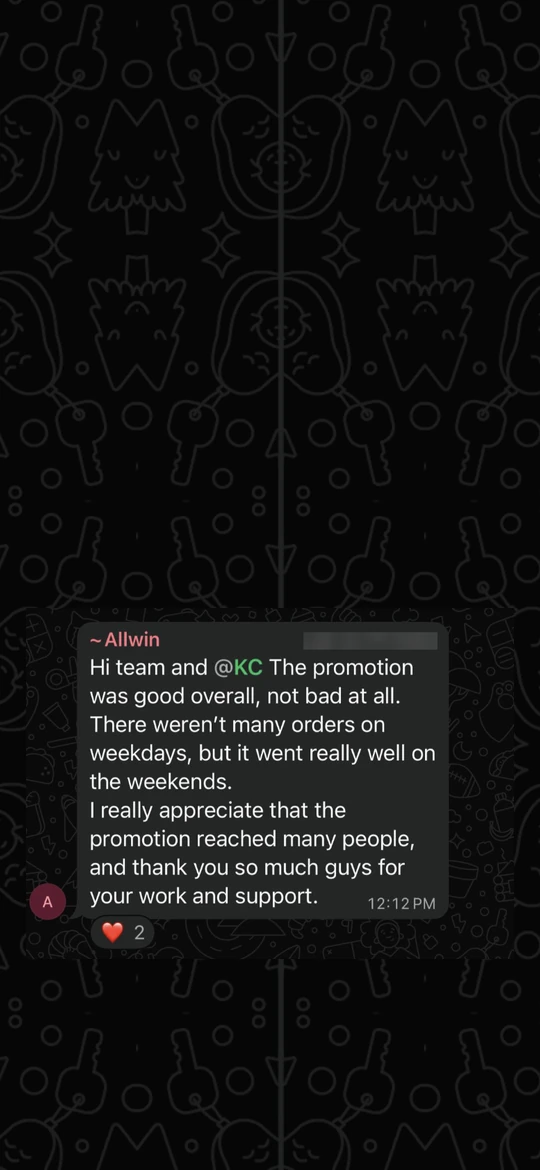 Owner message on a phone screen: The promotion was good overall, it went really well on the weekends. I really appreciate that the promotion reached many people, and thank you so much guys for your work and support.