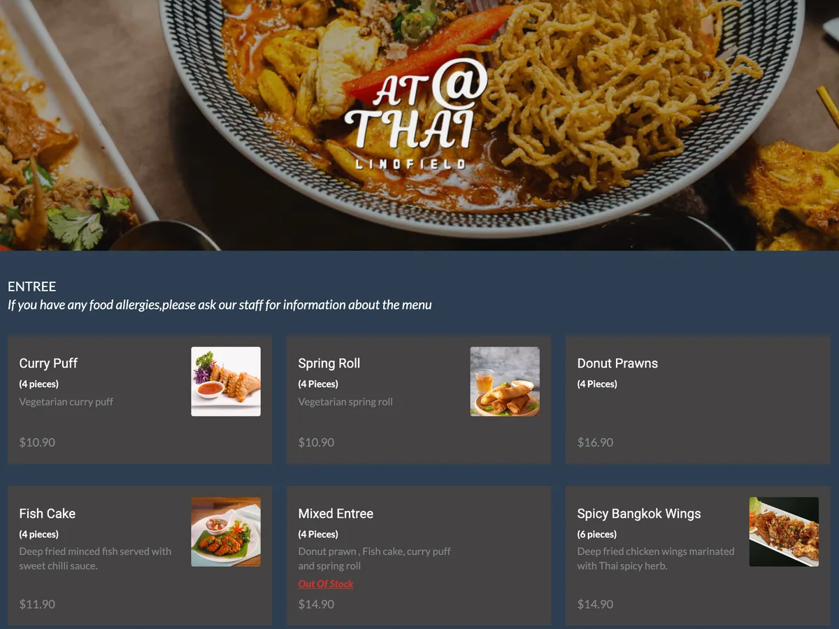 At Thai Lindfield&rsquo;s online ordering page on Served&rsquo;s ordering system: the menu with prices and an Order Online button