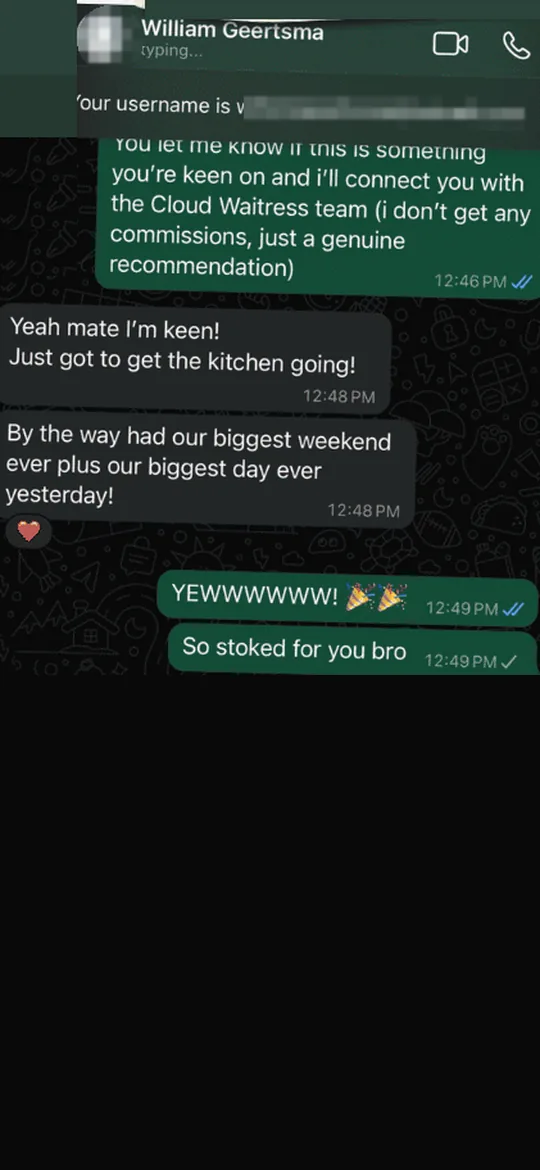 WhatsApp thread with William Geertsma of Grays Bar