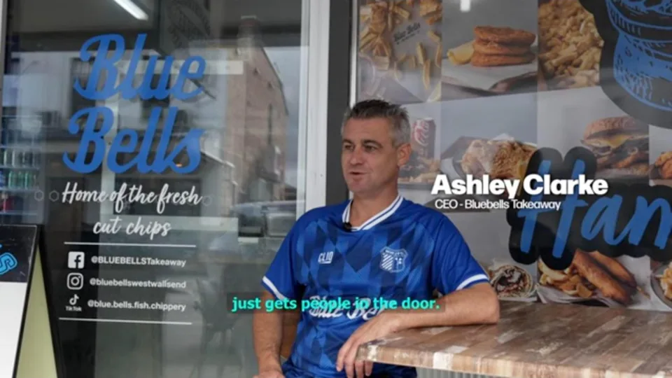 Play video: Ashley Clarke outside the Blue Bells Takeaway shopfront