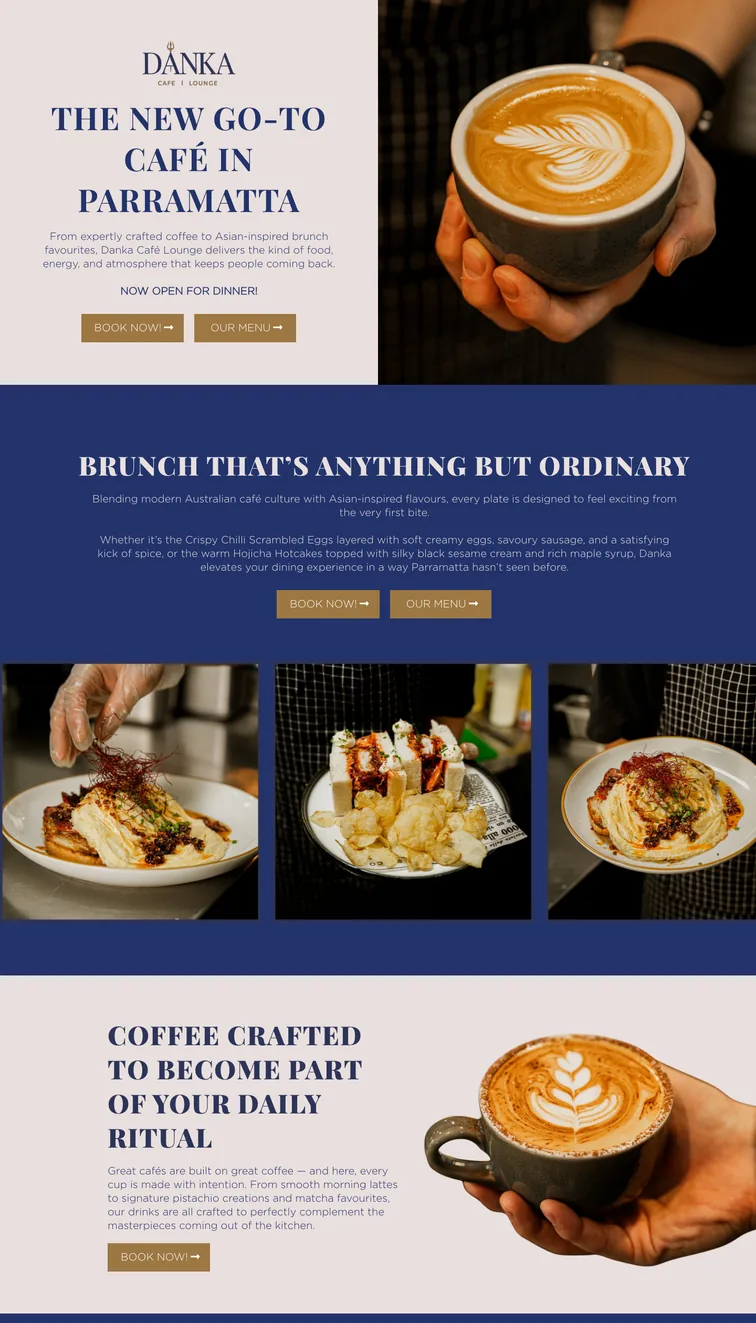 Danka Caf&eacute; Lounge&rsquo;s old website: a plain beige-and-navy page with a latte photo, block headings and Book now and Our menu buttons