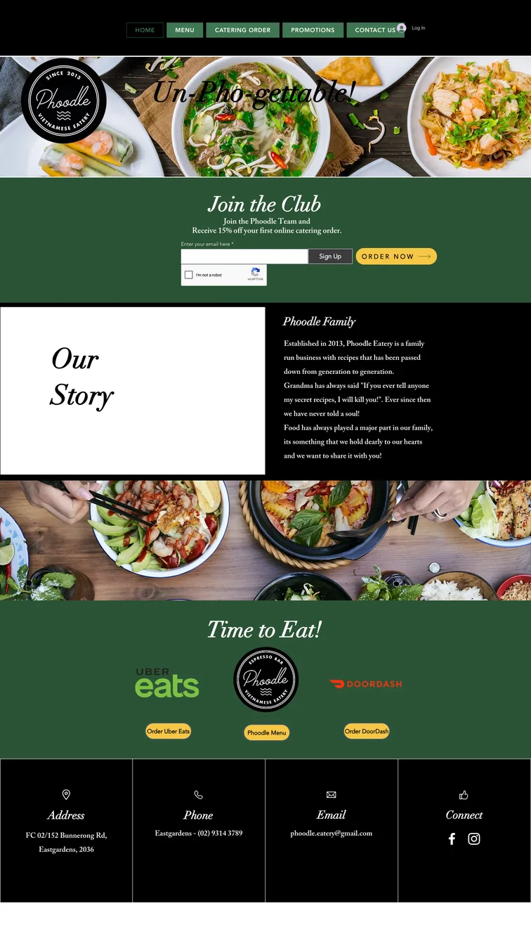 Phoodle Eatery&rsquo;s old website: a green template with a newsletter sign-up, delivery-app buttons and no way to book a table