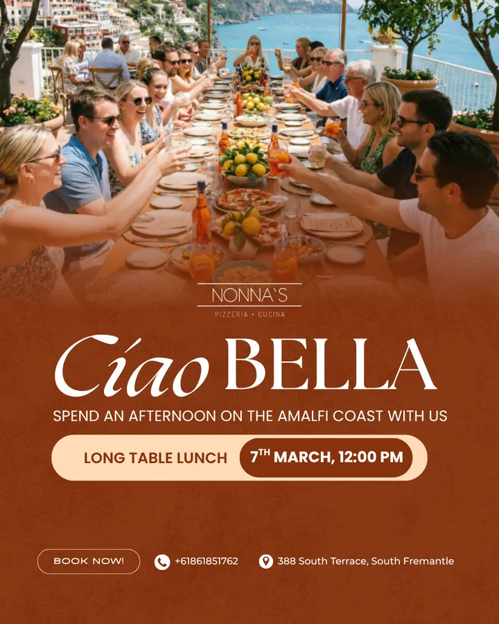 Nonna&rsquo;s Pizzeria event tile: &lsquo;Ciao Bella&rsquo; &mdash; an Amalfi Coast long-table lunch on 7 March, with a book-now button and the venue&rsquo;s address