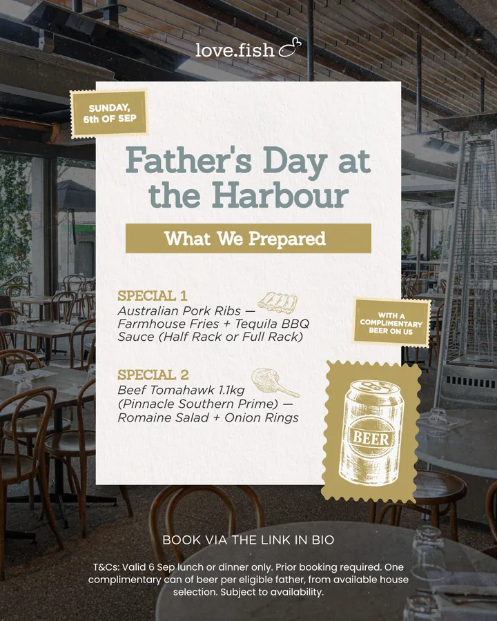 love.fish event tile: &lsquo;Father&rsquo;s Day at the Harbour&rsquo; &mdash; two specials, a complimentary beer and a book-via-the-link-in-bio call to action