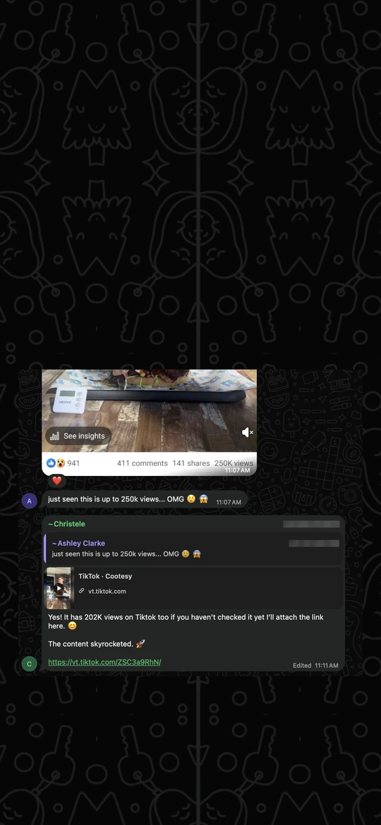 Owner message on a phone screen: just seen this is up to 250k views... OMG, under the video&rsquo;s insights, and our reply that it has 202K views on TikTok too.