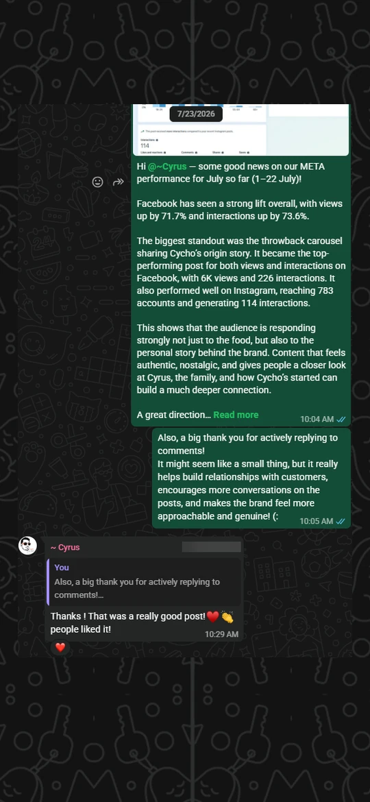 Owner message on a phone screen, replying to our July Meta report: Thanks! That was a really good post! People liked it!