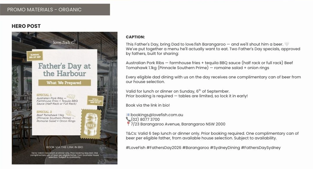 A page from a real Served content plan: the love.fish Father&rsquo;s Day hero post beside its written caption, booking details and hashtags