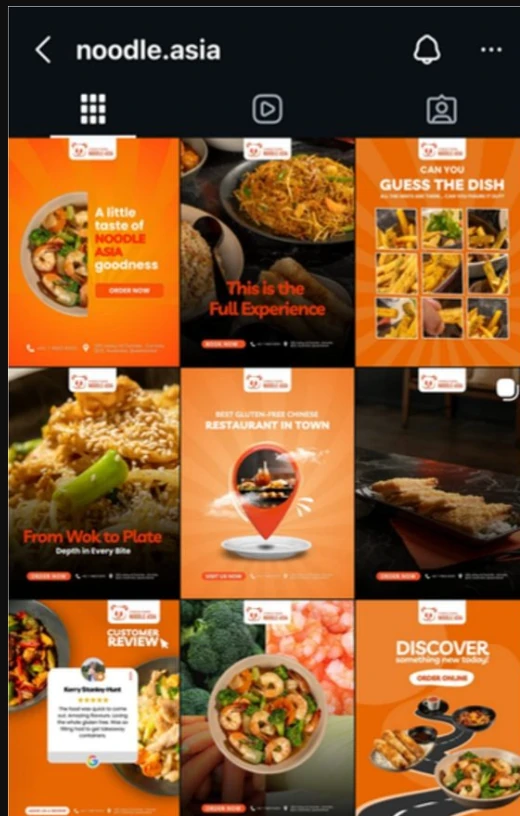 Noodle Asia&rsquo;s Instagram grid after: a designed orange-branded set of dish features and order prompts