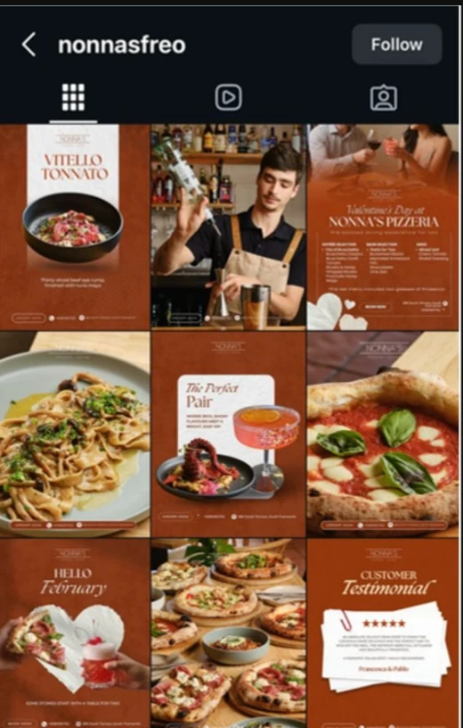 Nonna&rsquo;s Instagram grid after: a designed set of dish features and offers in one palette
