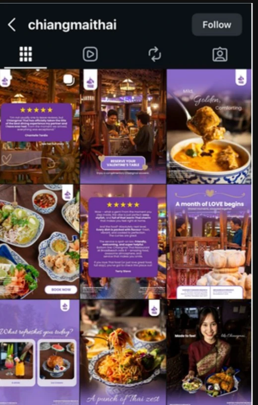 Chiangmai Thai&rsquo;s Instagram grid after: a designed set of dish features, reviews and offers