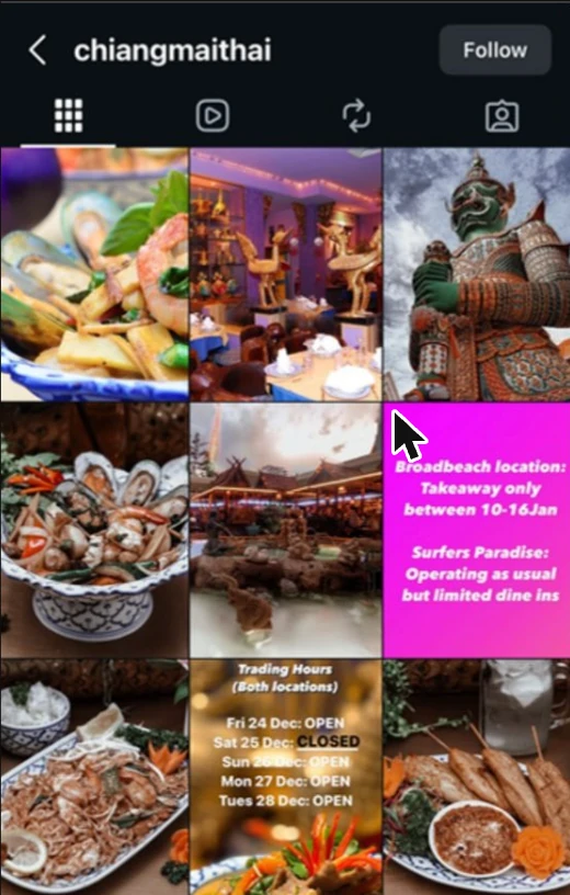 Chiangmai Thai&rsquo;s Instagram grid before: mixed snaps and plain trading-hours notices