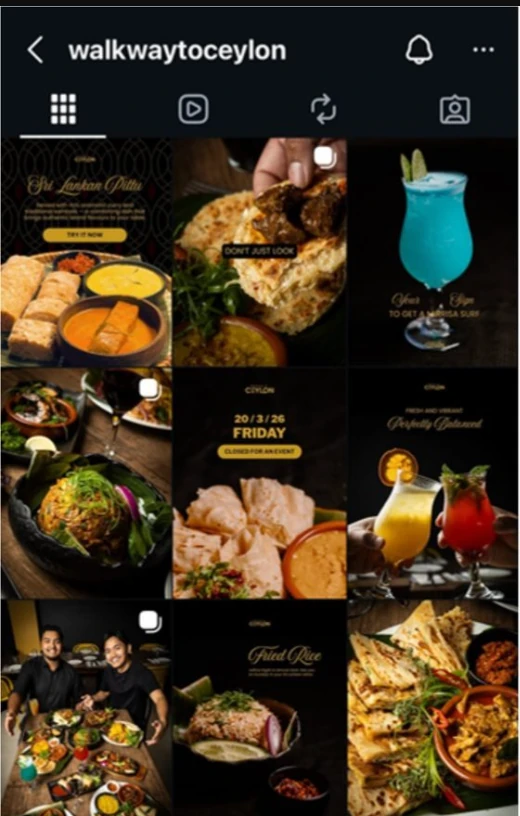 Walkway to Ceylon&rsquo;s Instagram grid after: a designed dark-and-gold set of platters, drinks and event posts