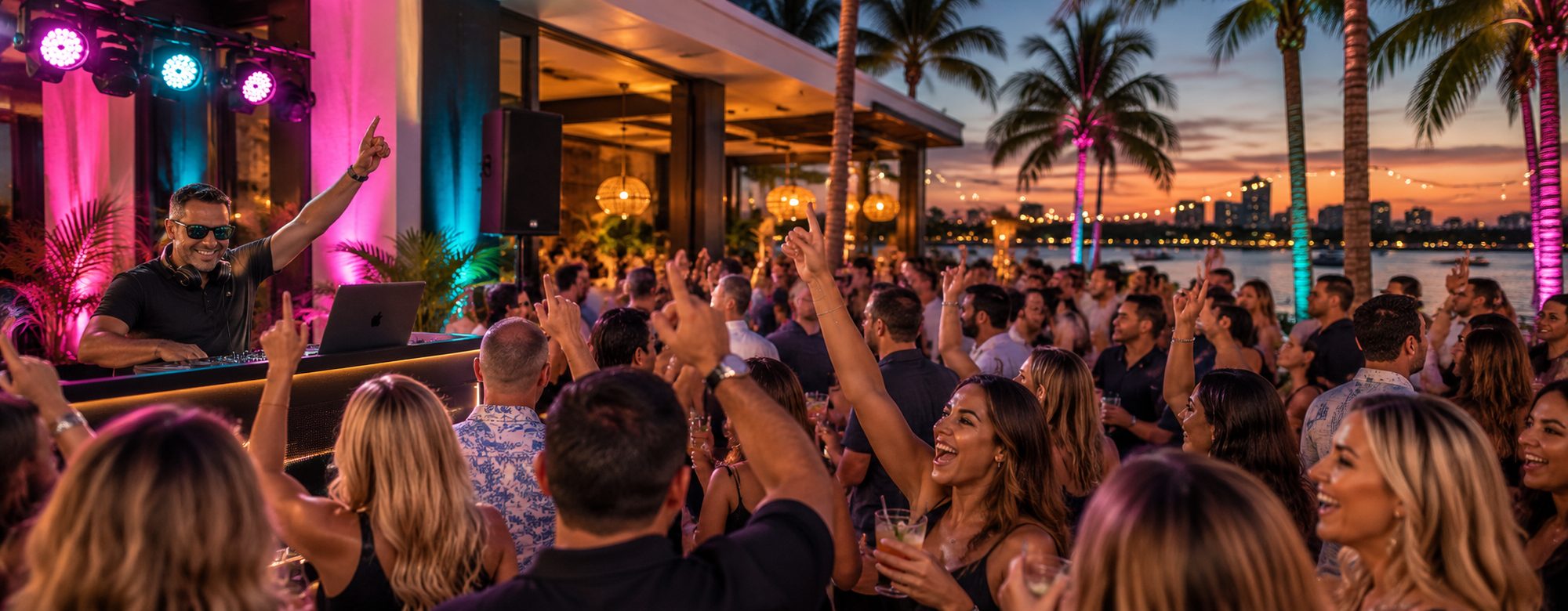 Crowd cheering at a LuxeLocal rooftop DJ set at sunset