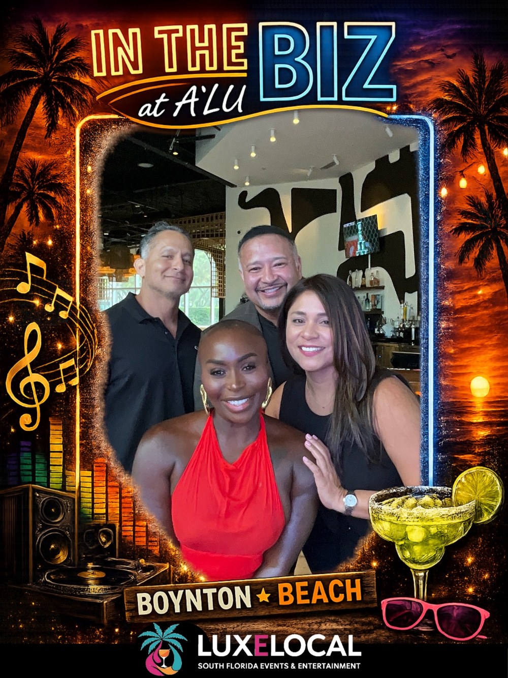 Four LuxeLocal industry-night guests posing at the In The Biz Thursdays photo booth at A'Lu