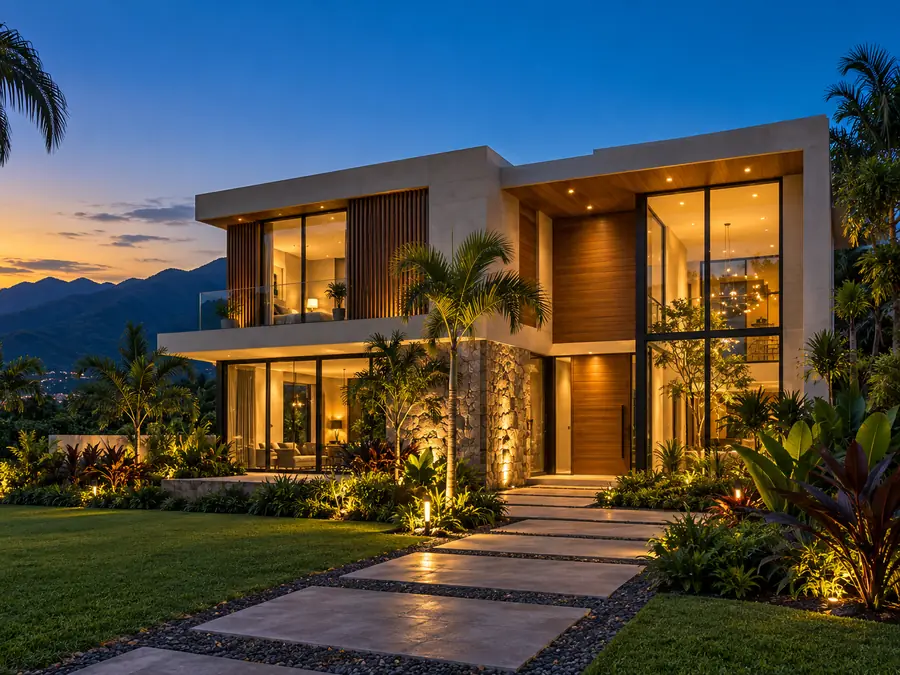Casa moderna iluminada al atardecer con montañas al fondo