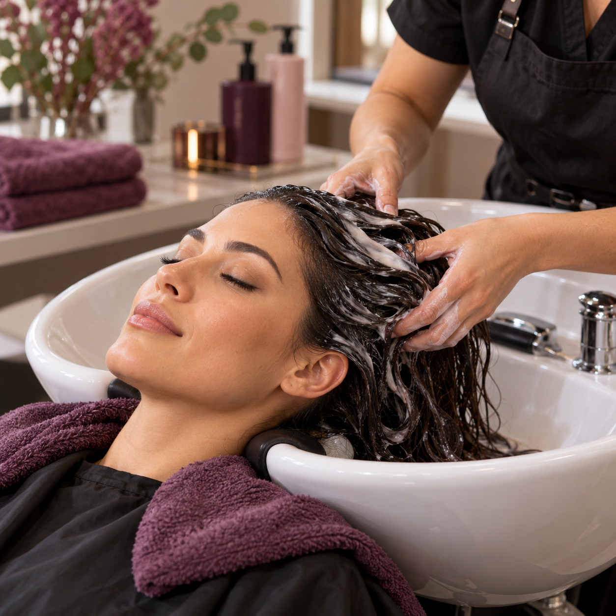 Stylist washing and treating a client’s hair
