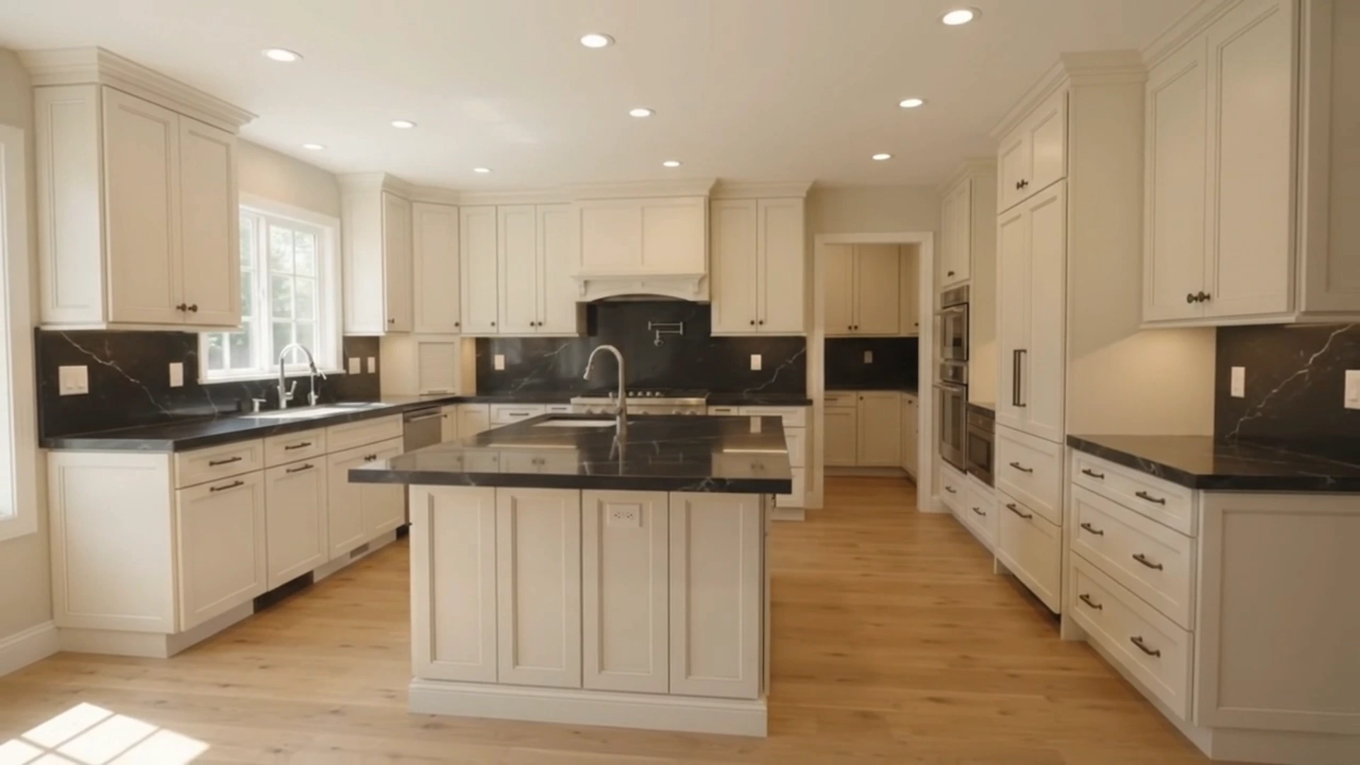Sunlit kitchen with island and large garden-facing window