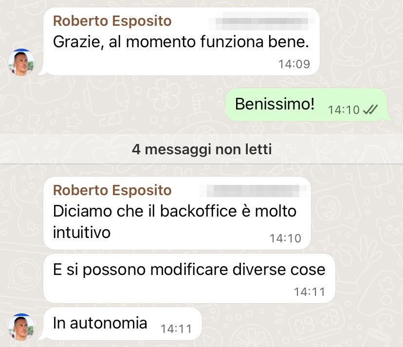 Messaggio WhatsApp di un ristoratore: il backoffice è molto intuitivo e si possono modificare diverse cose in autonomia