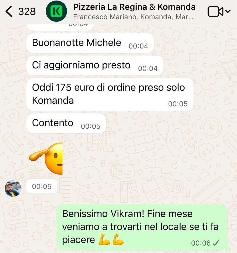 Messaggio WhatsApp del titolare della Pizzeria La Regina: 175 euro di ordine preso solo da Komanda
